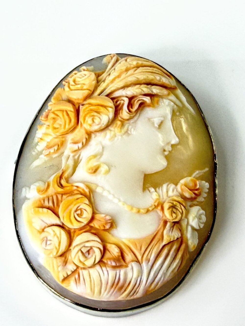 Antique 14K White Gold Large Hand Carved Shell Cameo Brooch Pendant 25.5g JR2186